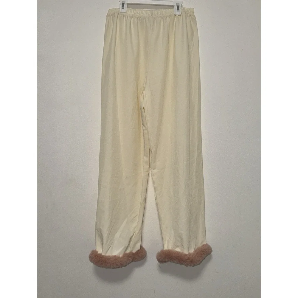 Faux Fur Trim Piped Edge Pyjama Pants Size L